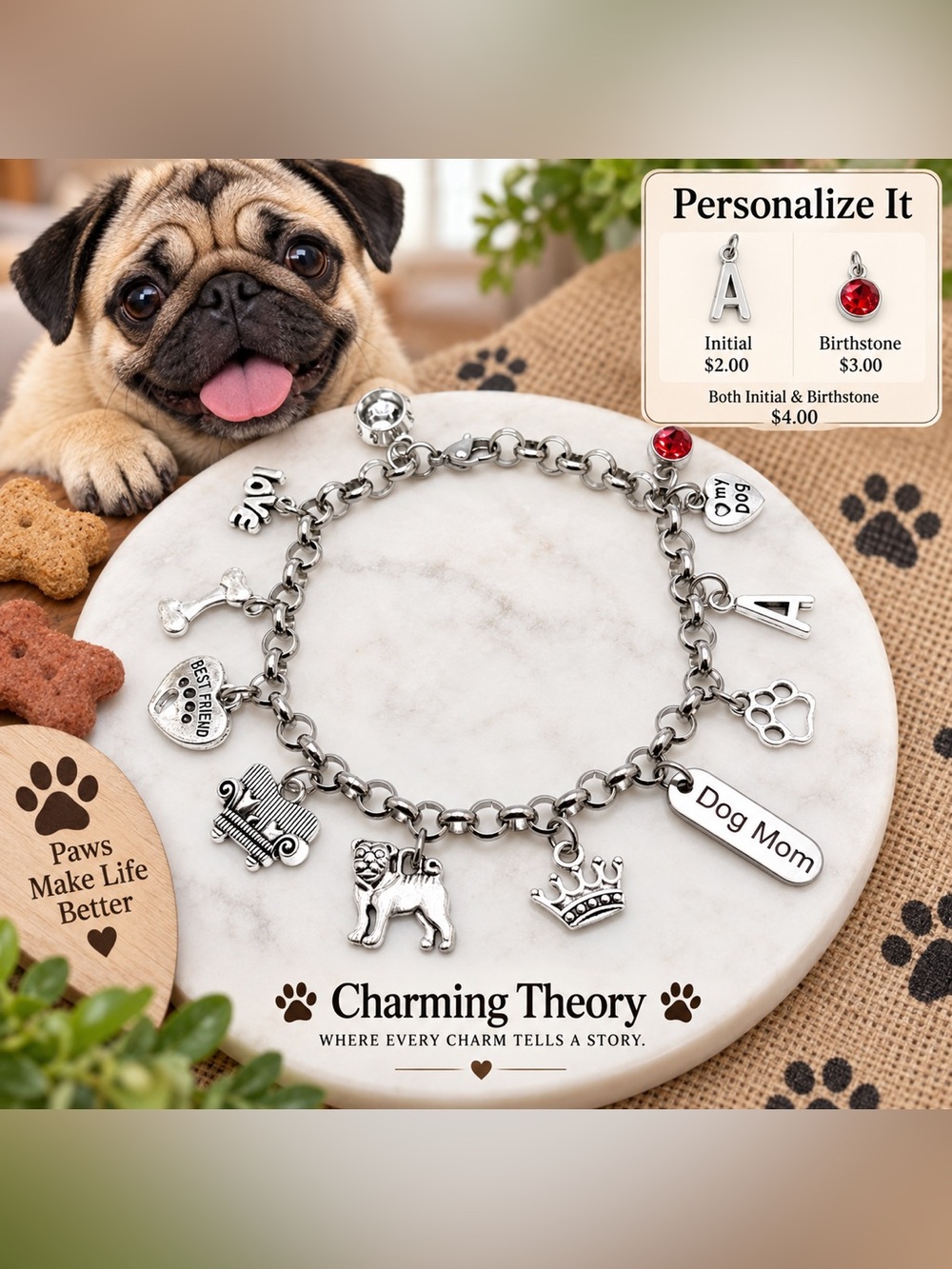 Pug Charm Bracelet – Personalized Dog Mom Pug Lover Gift